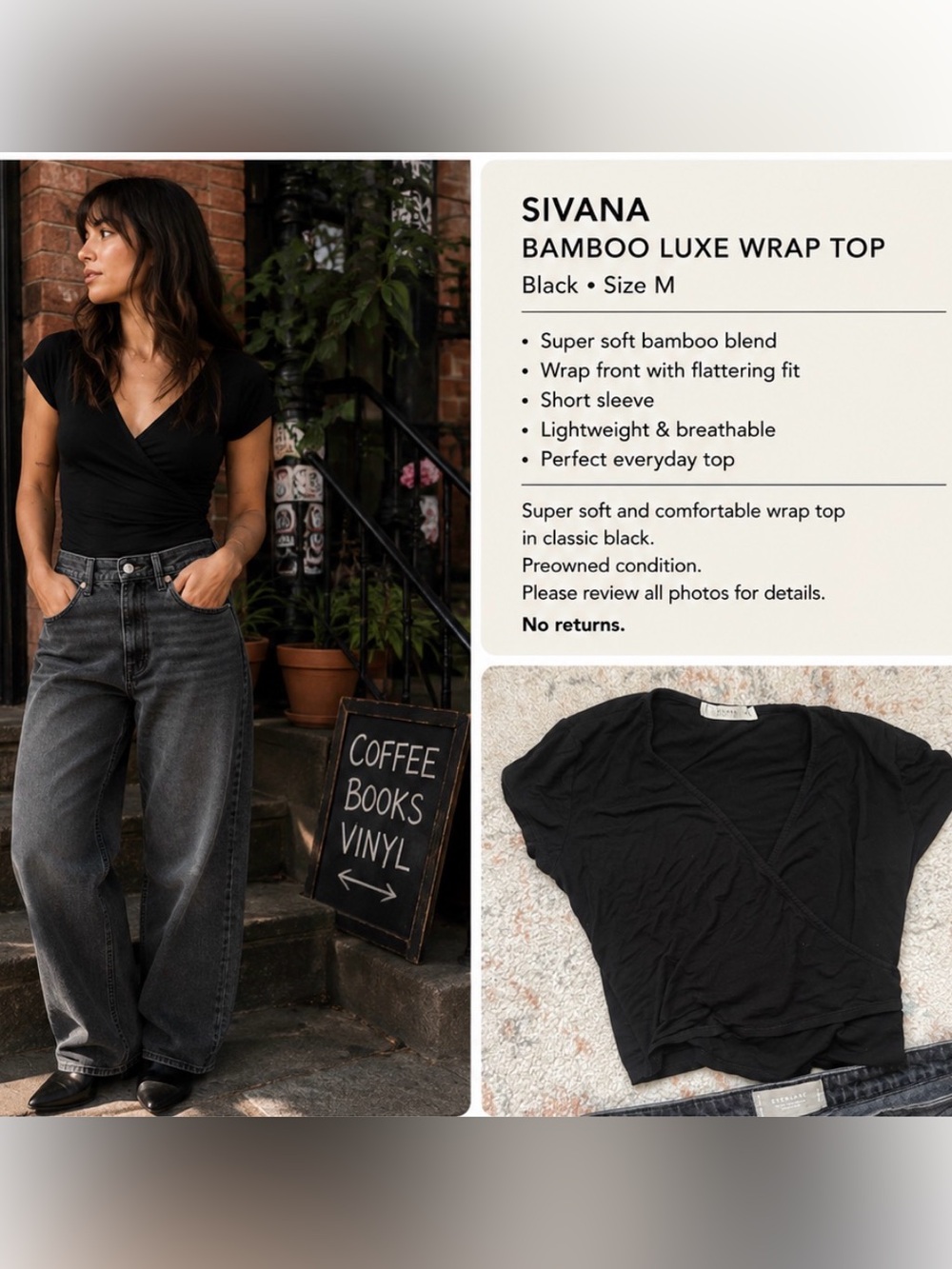 Sivana Bamboo Luxe Black Wrap Top Size M